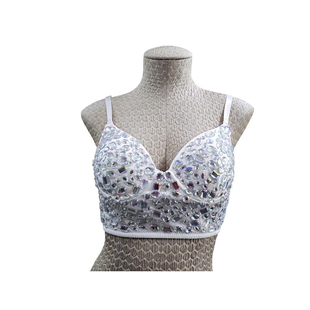 Say What NY Rhinestone Crop Top White Sparkly Festival Bustier Lingerie Size M‎
